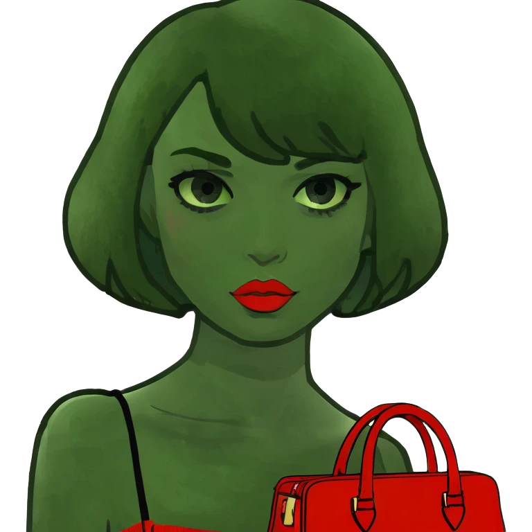 Blonde girl with short hair with green eyes red lips and she gives a kiss with holding a birkin bag emoji