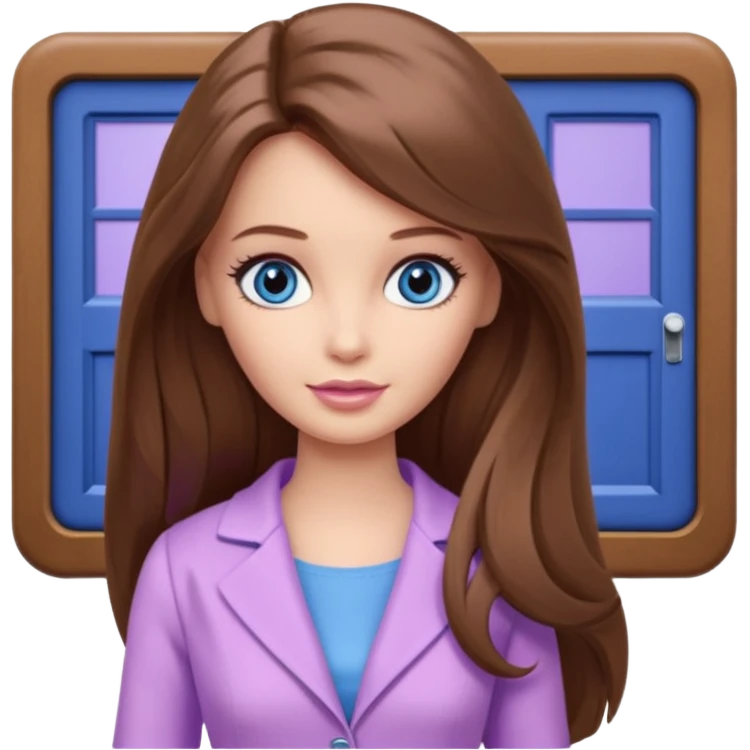 beautiful barbie girl with long brown hair, blue eyes and wearing light purple clothes watching dr who on tv emoji