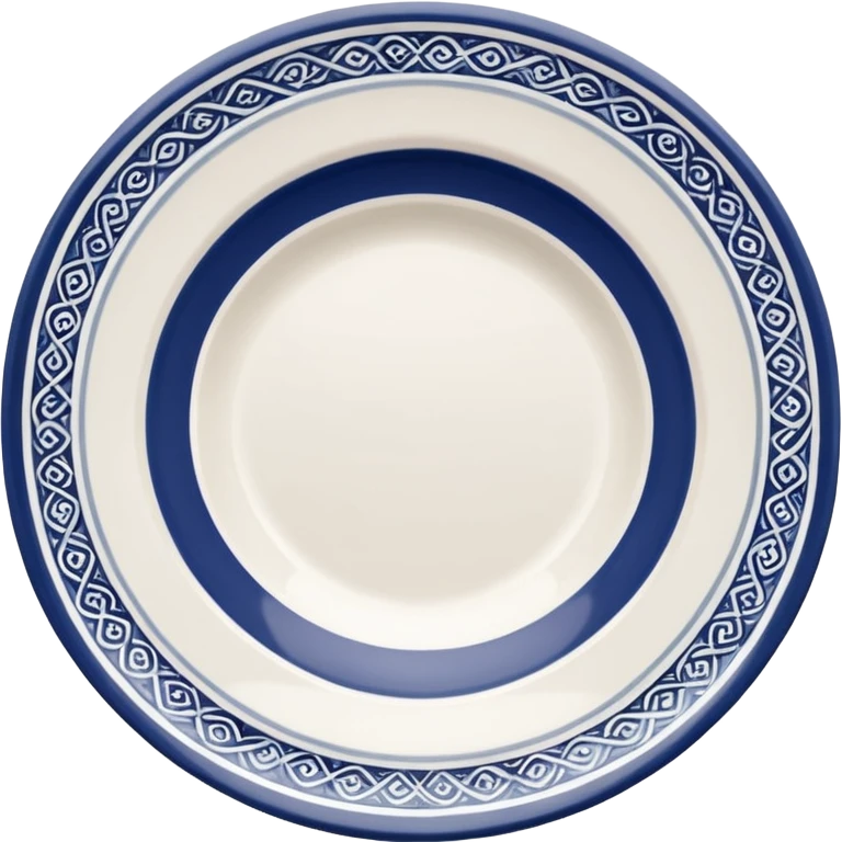 create me an image of ceramic plate in perspective view. with some white embossed ornament on sides emoji
