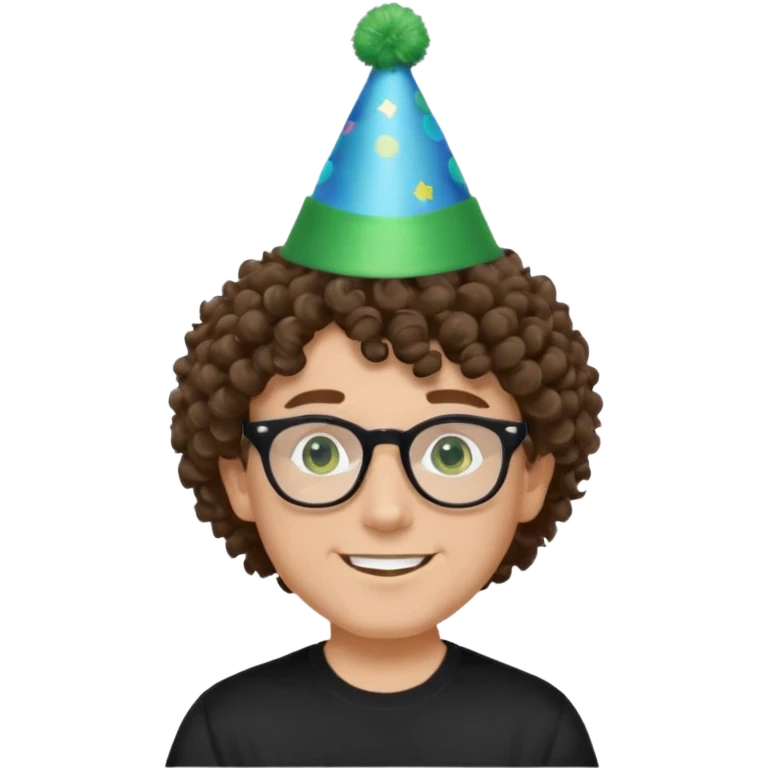 A white guy with curly brown hair and green eyes with a happy face, and wear square black glasses.He’s also got a full silver birthday party hat on his head with blue pom poms on top of it, and his T-shirt is all black, he wears a little gold circle earrings on his left  emoji