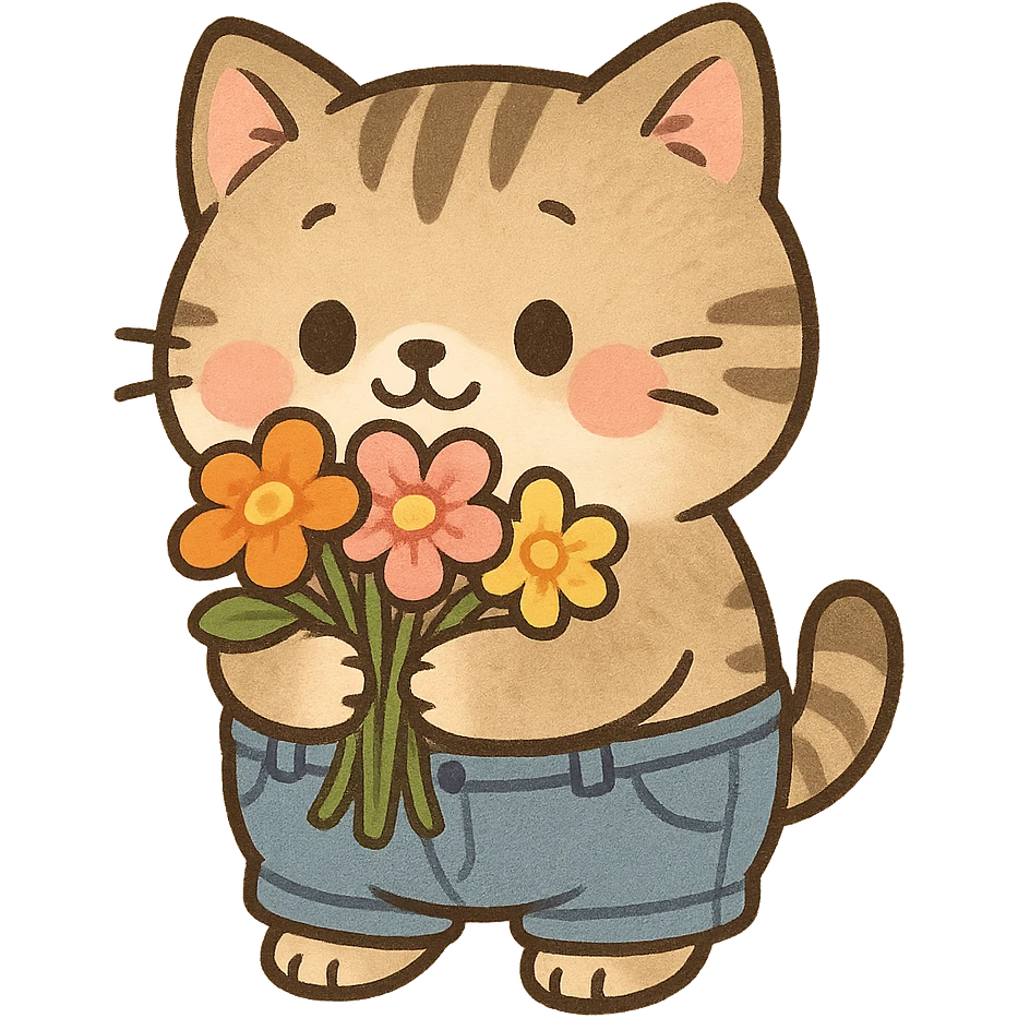 a chubby kitten wearing tiny pants and holding a bouquet of flowers, in a cute cartoon style emoji