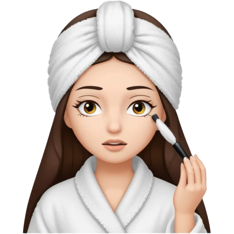 Girl with brown hair in white dressing gown and white towel wrapped in her head doing her mascara  Eyes closed white dark hair and towel wrapped differently doing mascara long hair  emoji