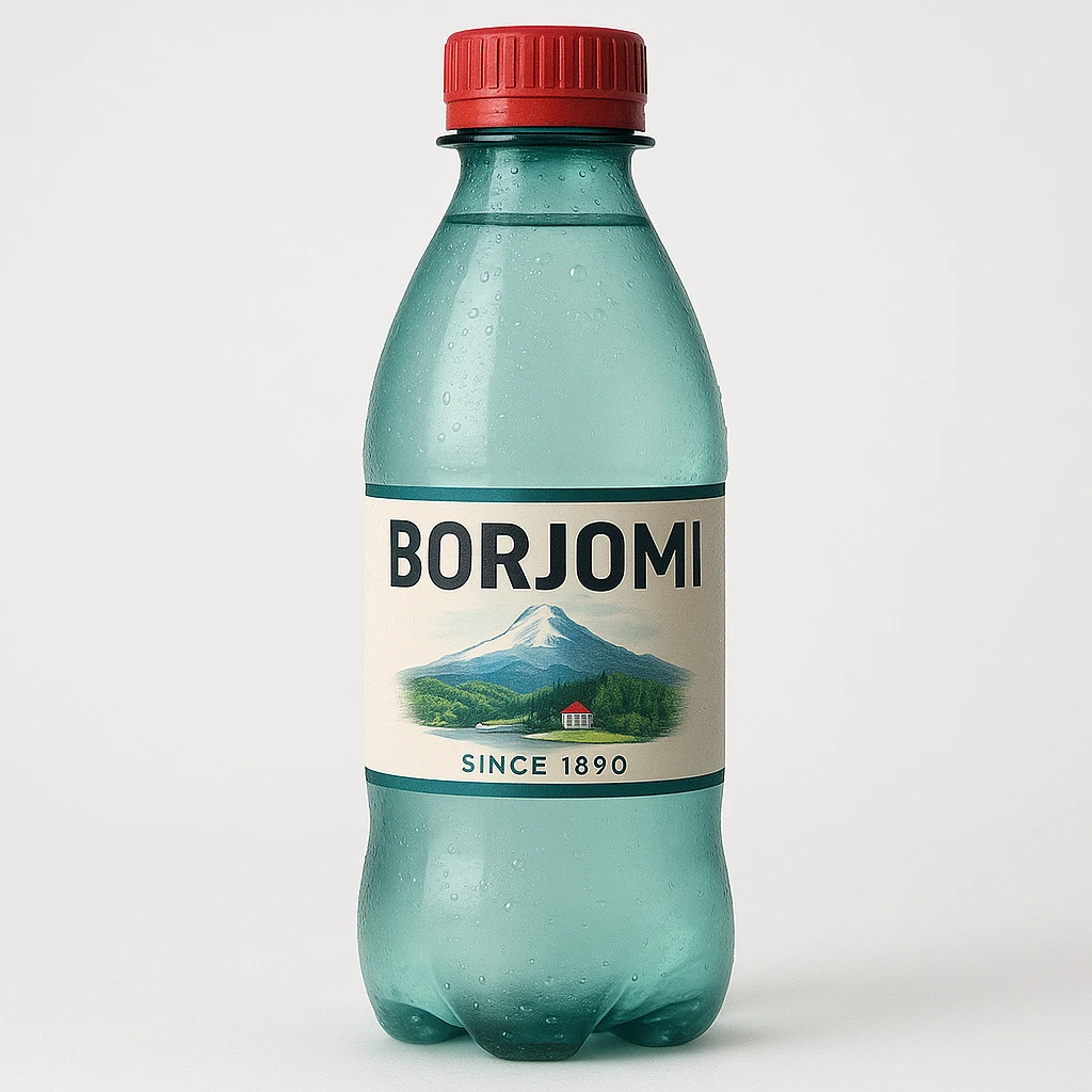 Borjomi water bottle emoji with a different label, variation 1, more realistic emoji