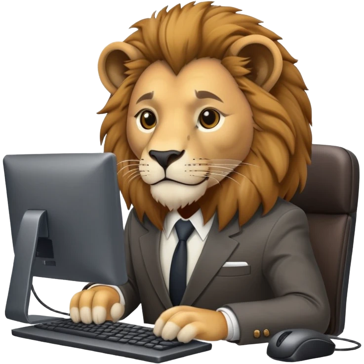 Lion  Programist in a solid suit works at a computer emoji