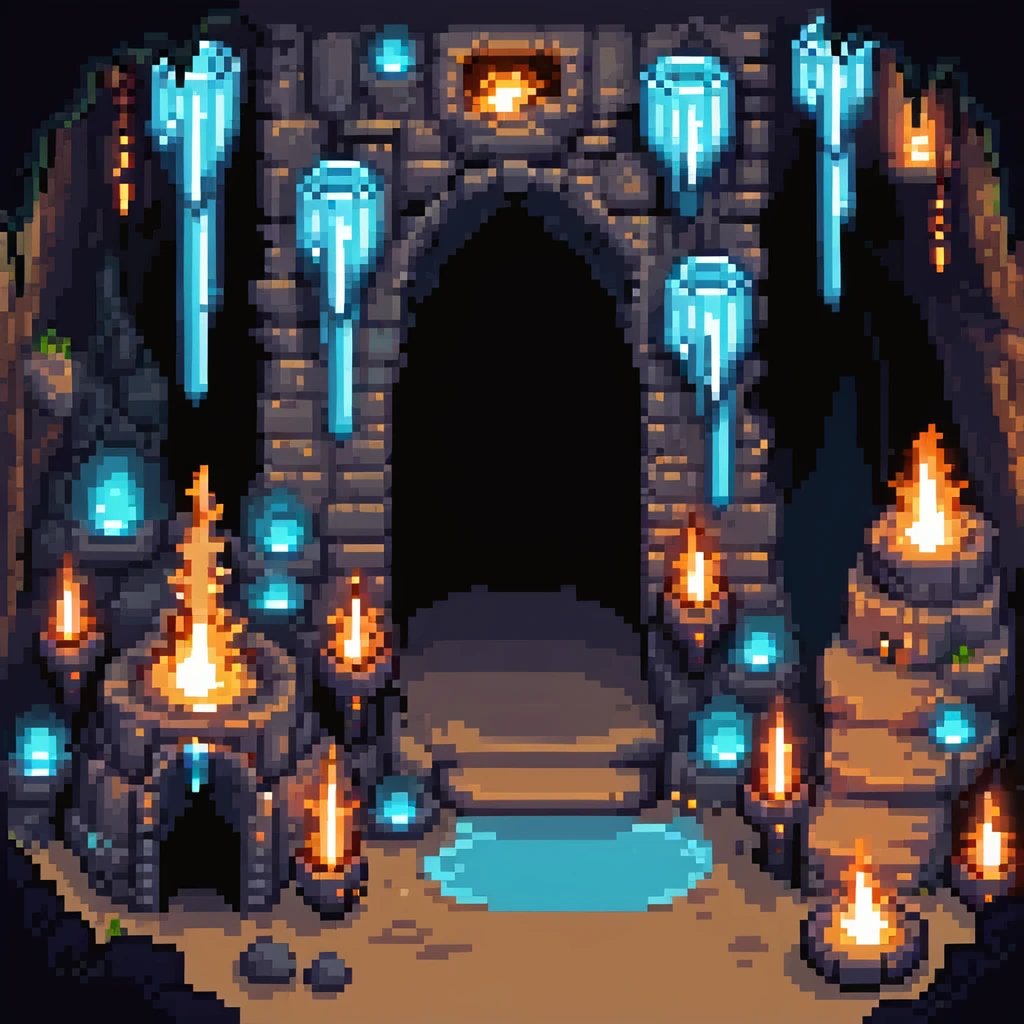 cave dungeon with torches, stalactites, and glowing crystals emoji