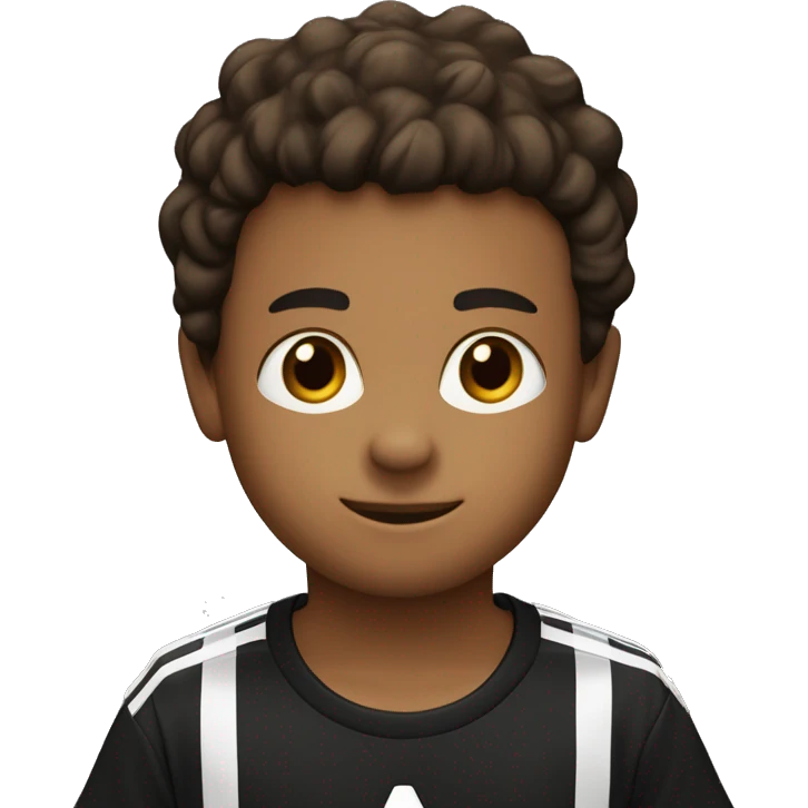menino com  9 anos camiseta da adidas preta e branca cabelo marrom e fone de ouvido preto emoji