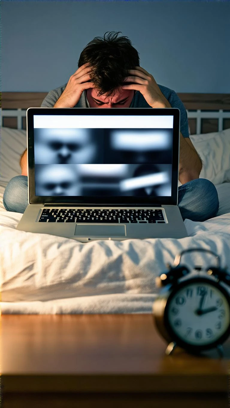 an sits on the edge of his bed, head in his hands, with a laptop open beside him displaying blurred censored or suggestive images. On the nightstand, a clock shows late hours, and the man’s body language conveys exhaustion and regret.  emoji