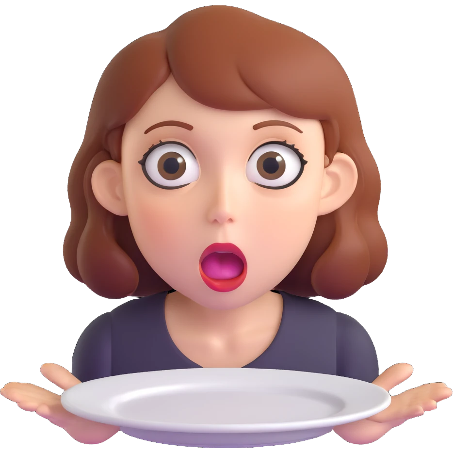 hungry woman with big eyes, open mouth, and empty plate in front of her emoji