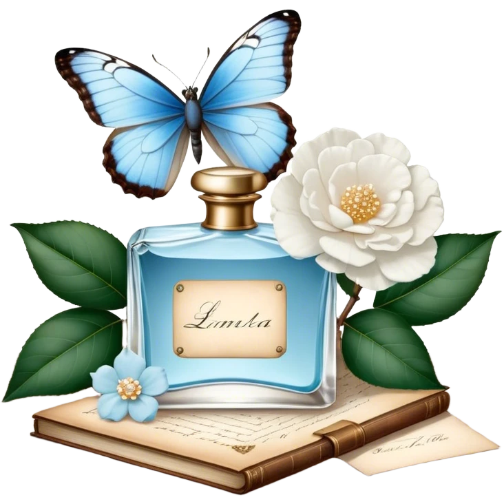 A nostalgic composition of an antique perfume bottle with a crystal stopper, an old love letter, and a single pale blue butterfly resting atop a white camellia.
 emoji