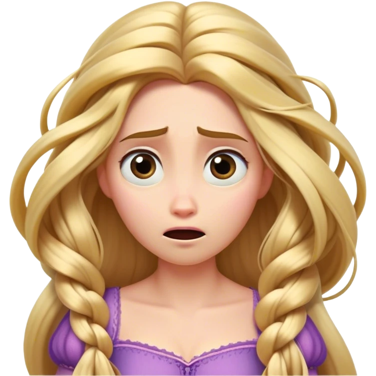 Cinematic Funny Rapunzel Portrait Emoji, Looking exhausted while tangled in her own hair, a dramatic sigh, eyes rolling with humorous exasperation, a hilariously relatable moment for the long-haired princess! emoji