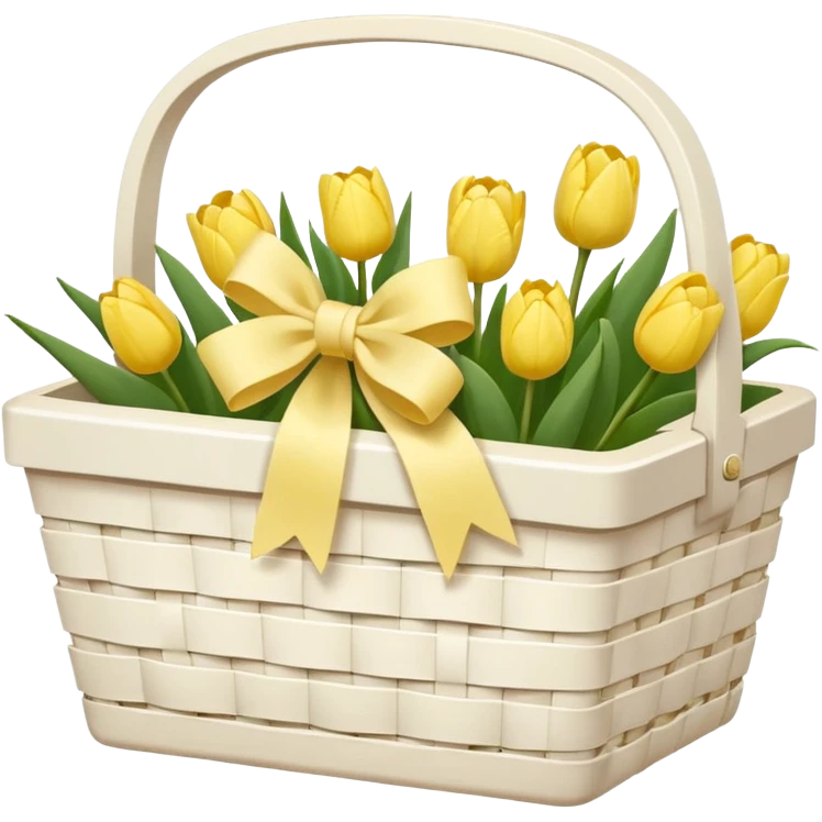 A white Picnic basket with yellow pastel bow, white peonie, tulips emoji