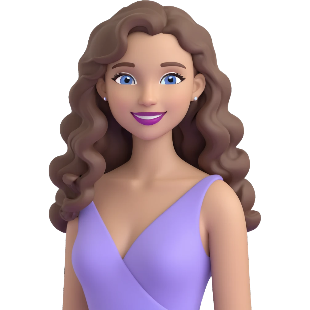 emoji of a pretty woman with a sweet smile, long slightly curly ash brown hair, blue eyes, nude lipstick, in a snug lilac dress, radiating chic and elegant vibes emoji