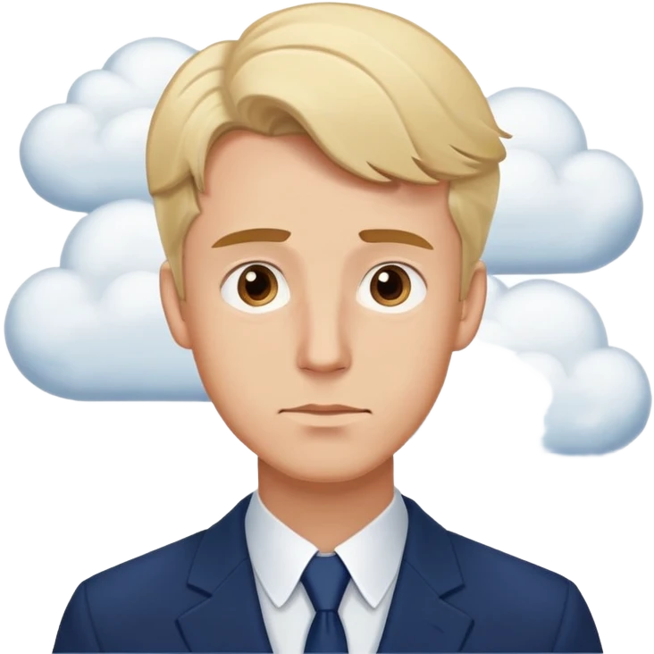 Expressive ,Blond man with brown eyes,curious, cartoon style,navy-blue, background has thought clouds elegant 💭 emoji