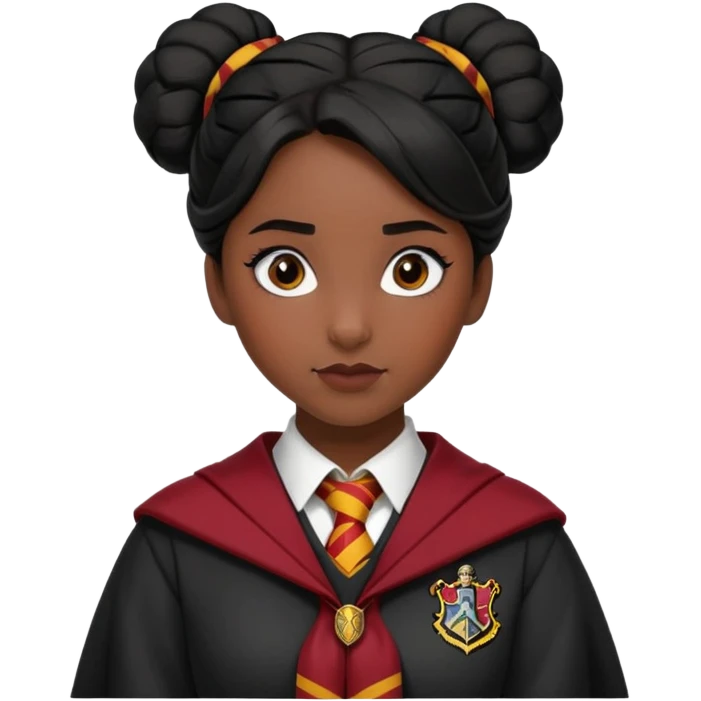 alicia spinnet in harry potter, wear hogwarts gryfindor uniform,  thick, black bun hair, black skin emoji