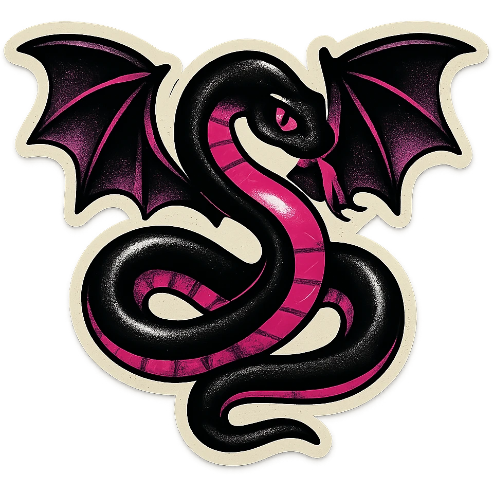 gothic snake black and pink with bat wings retro stickers style emoji