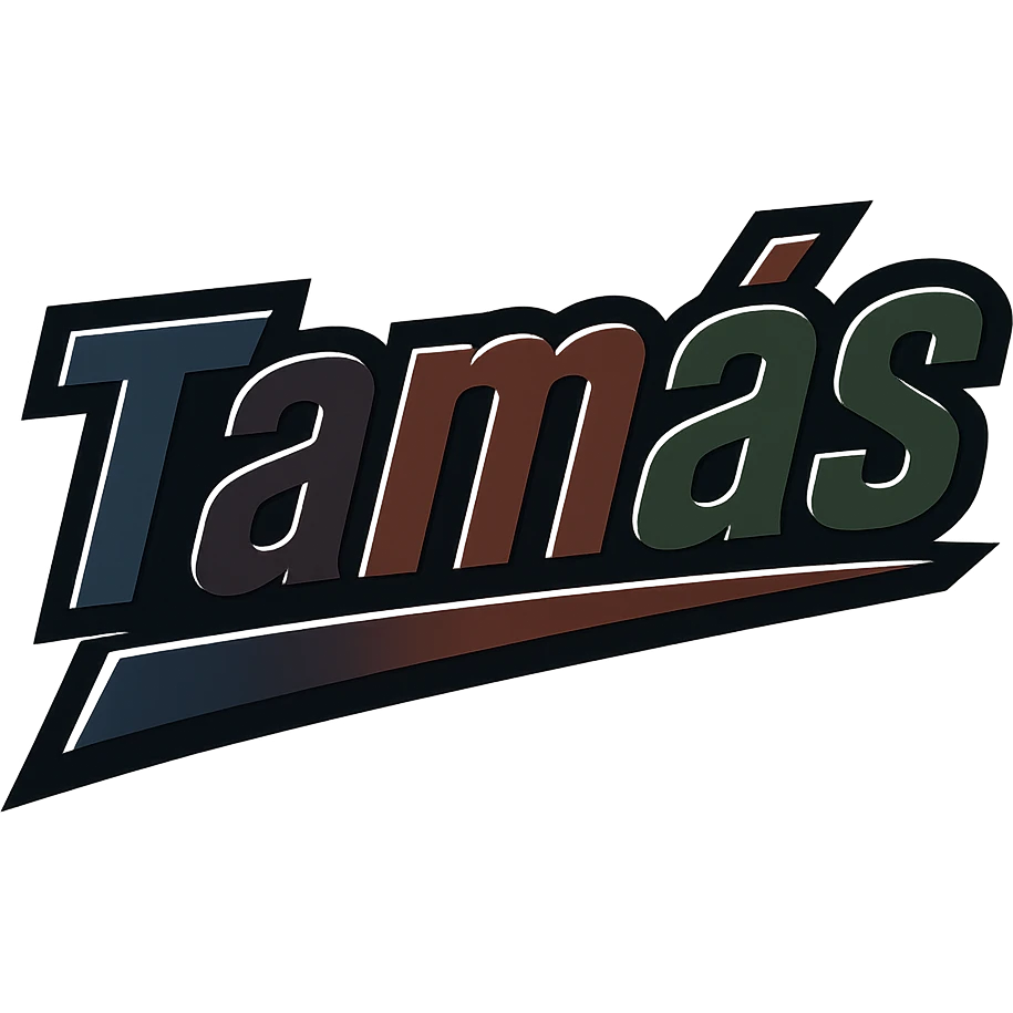 Text image of the name 'Tamás' in a masculine, modern, gradient font with precise Hungarian characters, dark contour, extra thick, prominent white border as in sample images, dynamic slanted underline, masculine color shades (blue, gray, burgundy, green, brown), 1000x1000 px, PNG, transparent background. emoji