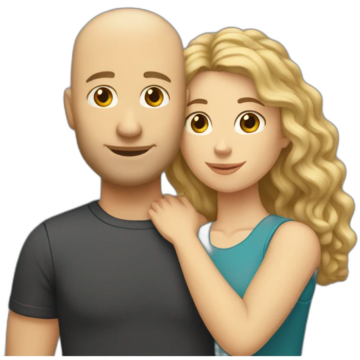 caucasian bald man and a caucasian woman with long curly dark hair and bangs hugging emoji