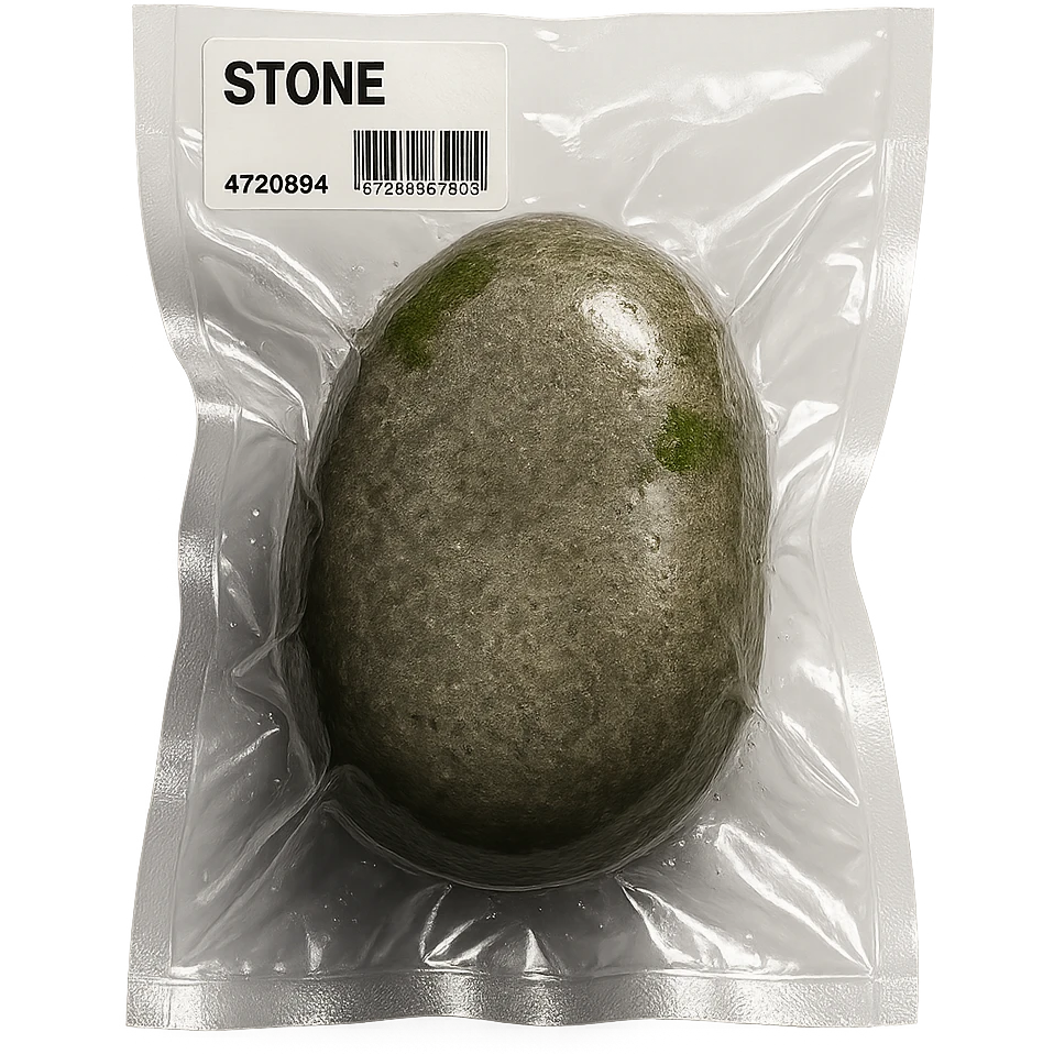 large smooth stone with a few moss spots, glossy emoji