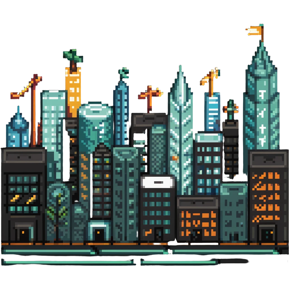 cityscape with economic symbols like upward arrows, coins, and buildings emoji