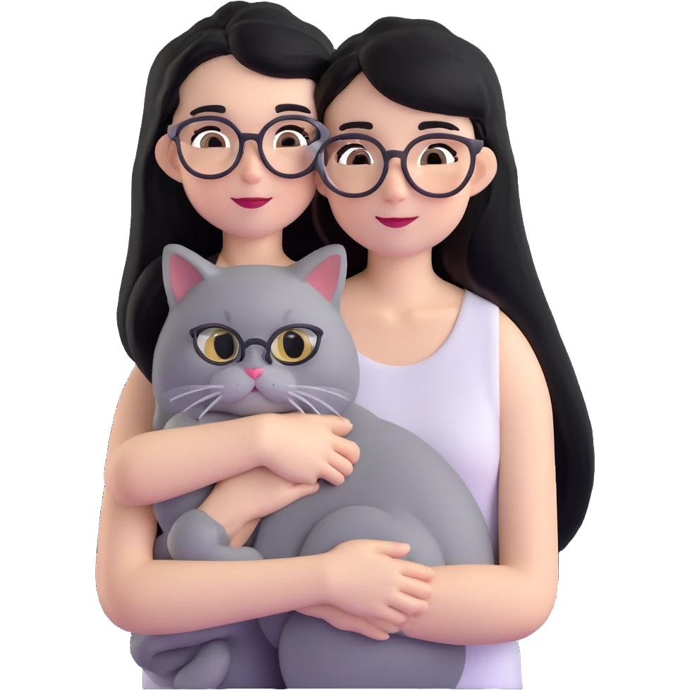 Skinny woman with oval glasses, long straight black hair, wearing white sleeveless top, hugging a grey Persian-Angora cat, plain background emoji