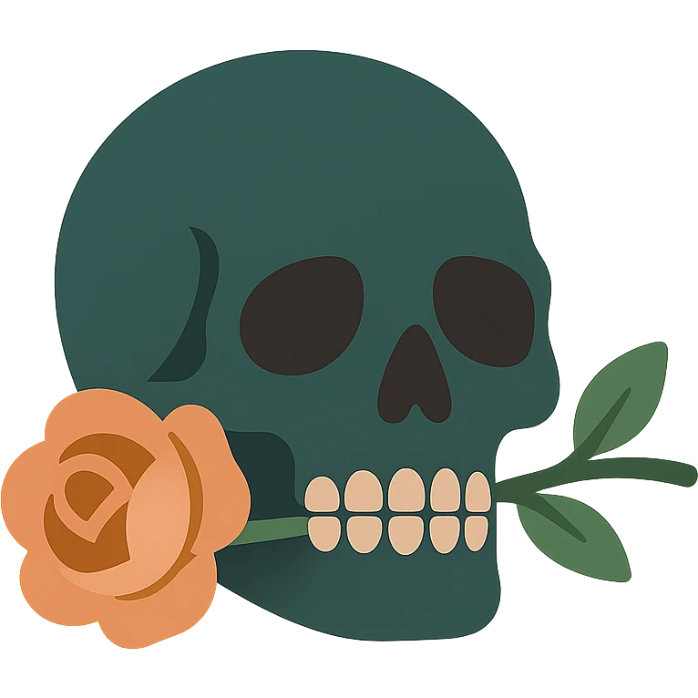 A dark, mysterious skull with a gothic, haunting atmosphere, featuring a soft color palette: golden orange (FA9B41), deep forest green (4A7C5C), muted taupe brown (96775A), and pastel peach (FFCC9A). The skull has sharp, angular features and hollow eye sockets, exuding a sense of mystery. A single, delicate rose lies across the skull, its petals in rich shades of peach and soft orange, with a deep green stem. The contrast between the dark skull and the soft, vibrant rose creates a striking, emotional effect. The background is dimly lit, with subtle shadows and perhaps a faint glow, enhancing the gothic yet strangely beautiful atmosphere. emoji