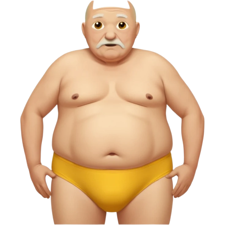 Short bald Old man thick hairy chest.fat man with saggy boobs no shirt big belly tidy white stretched out elastic  and holes ina yellow in front of his underwear falling down off his hips showing his butt crack no pants   emoji