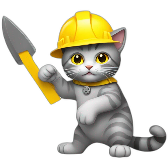 gray cat,fighting pose,yellow construction helmet, illustration style emoji