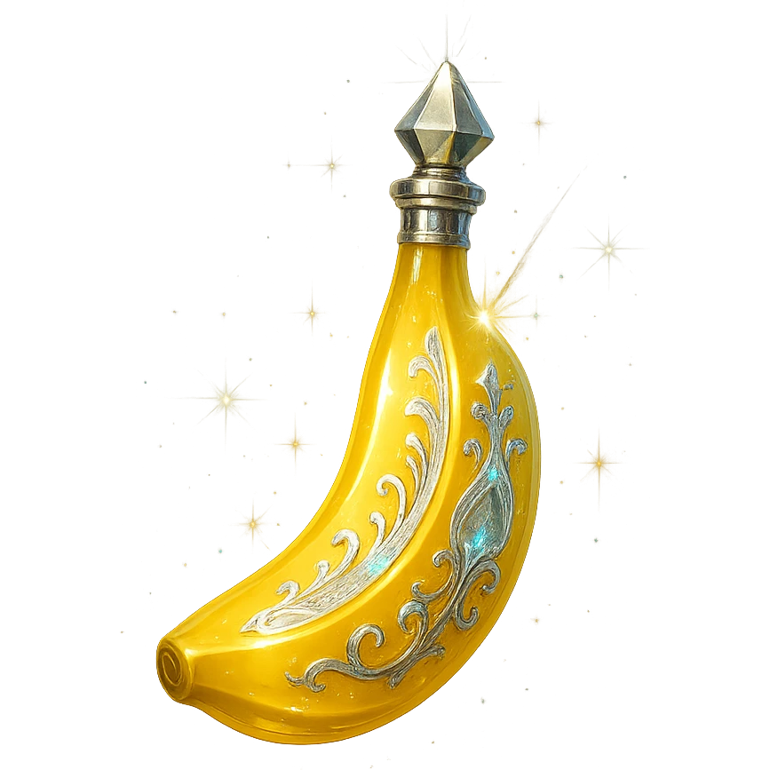modernus prabangus eliksyro buteliukas, banano forma, banano geltonumo spalva, holografiniai ir sidabriniai ornamentai, stiprūs magiški švytėjimai ir efektai, labai mažas kaklelis, skaidrus fonas, vientisas dugnas, be šešėlio, plūduriuoja ore, kolekcijos stilius emoji