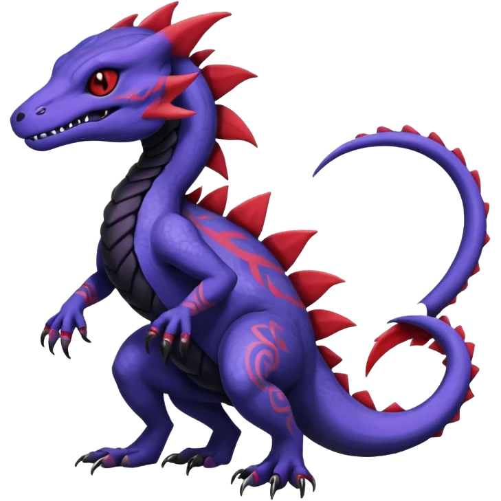 Rare warm-colored exotic gloomy tropical edgy cute epic aesthetic spooky indigo purple white black red gothic colorful Salandit-charmeleon-sergal-species-Fakemon-hybrid-creature, with tribal tattoo markings, full body emoji