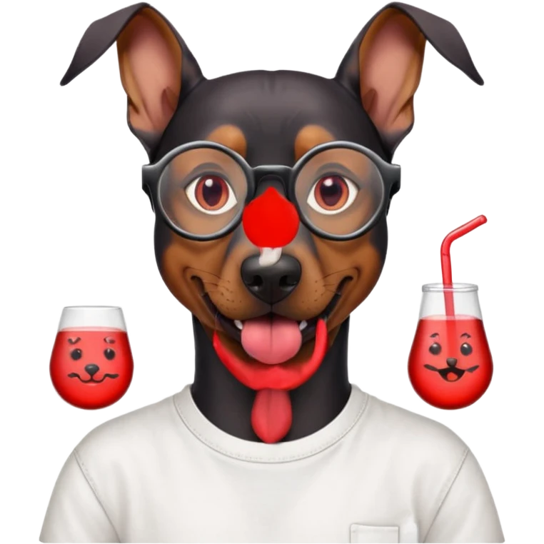 Generate a emoji of a big evil doberman dog with red eyes and a tongue sticking out, give the doberman a human body with a white shirt and baggy jeans, make the doberman have ear piercings and a septum ring, make the dog have black circular glasses with a red tint emoji