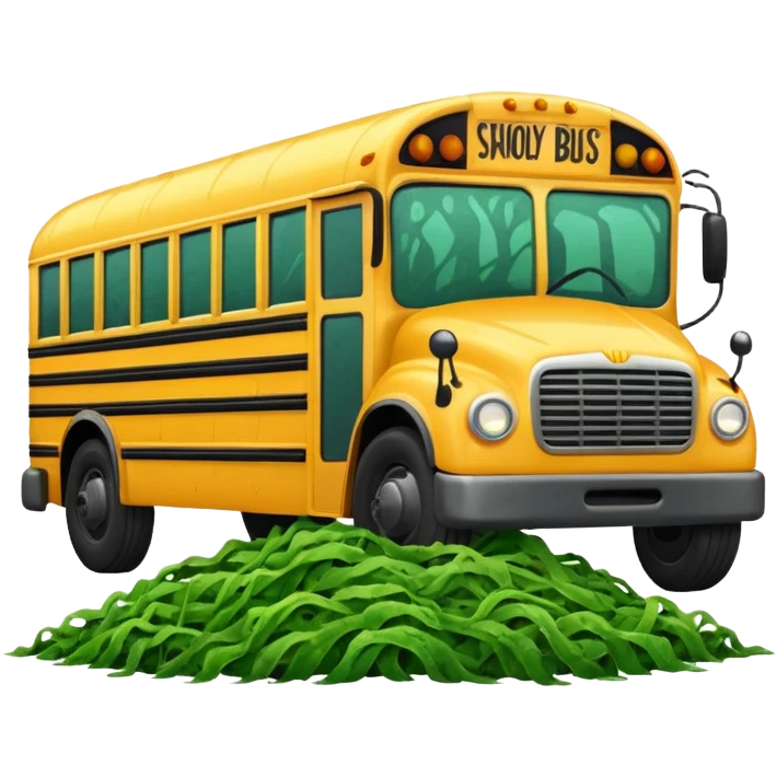 Front view of a School bus covered in seaweed emoji