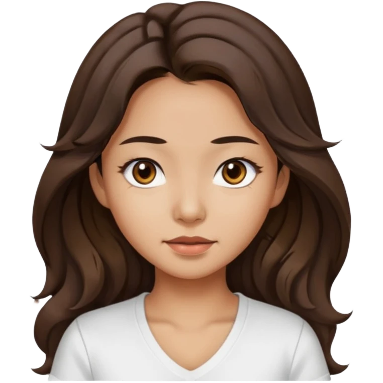 iOS style emoji. A girl with very long dark brown wavy hair. And the eyes color is dark brown. And she is wearing white t shirt with V kneck. And she is 30. She is Asian with double eyelids  emoji