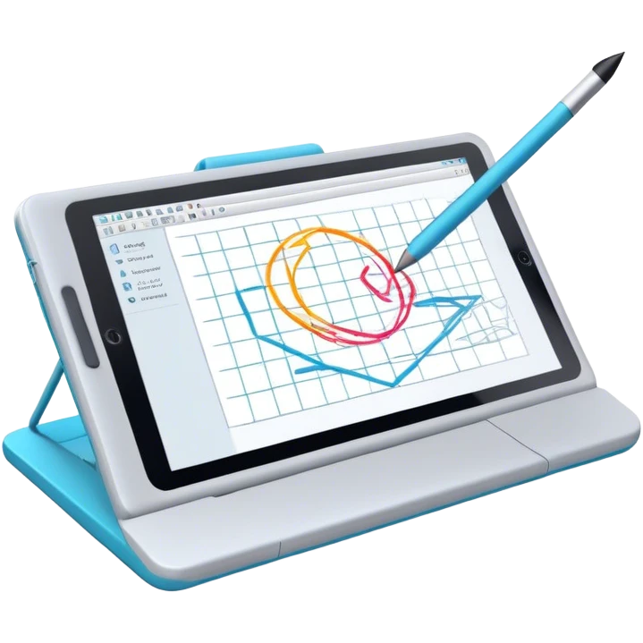Create an emoji for 3D visualization and modeling. Show wireframe model that pops out from the screen of a large graphic tablet with a stylus drawing in a 3D modeling program. Use modern, professional colors. Do not include any emojis or smiley faces. Make the background transparent. emoji