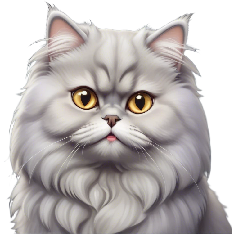 Cinematic Derpy grumpy comical Grey Persian Cat Portrait Emoji, Head tilted playfully with an adorably awkward expression, fluffy grey fur with soft silver undertones, Simplified yet hilariously derpy features, highly detailed, glowing with a warm but slightly confused glow, high shine, a mix of lazy and clueless, stylized with a touch of whimsy, bright but with a completely derpy and grumpy face, soft glowing outline, capturing the essence of a quirky yet chubby, grumpy kitty, so endearing it feels like it could stretch out of the screen and demand attention with its wonderfully derpy charm! emoji