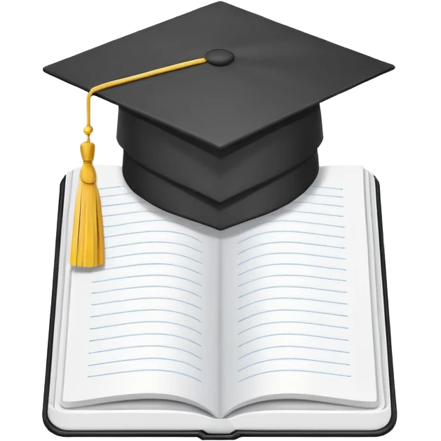Front-facing school notebook with a small graduation cap on top, minimal line-art, clean modern style, straight angle, simple outlines, slightly 3D, no background, transparent, represents “school / sixth form / Year 13 emoji