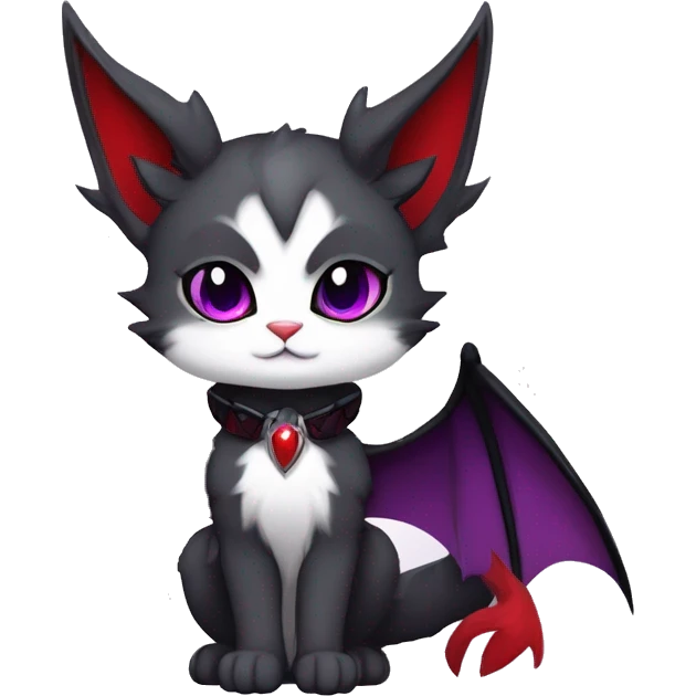 Anthro-Cute-Edgy-Cool-Vampiric-Batty-Cat-Black-Purple-Red-Grey-White-Yellow-Contrast-Colors-Fantasy-Fur-Sona-Chibi-Shiny-Fakémon-Hybrid with horns and fangs and collar full body emoji