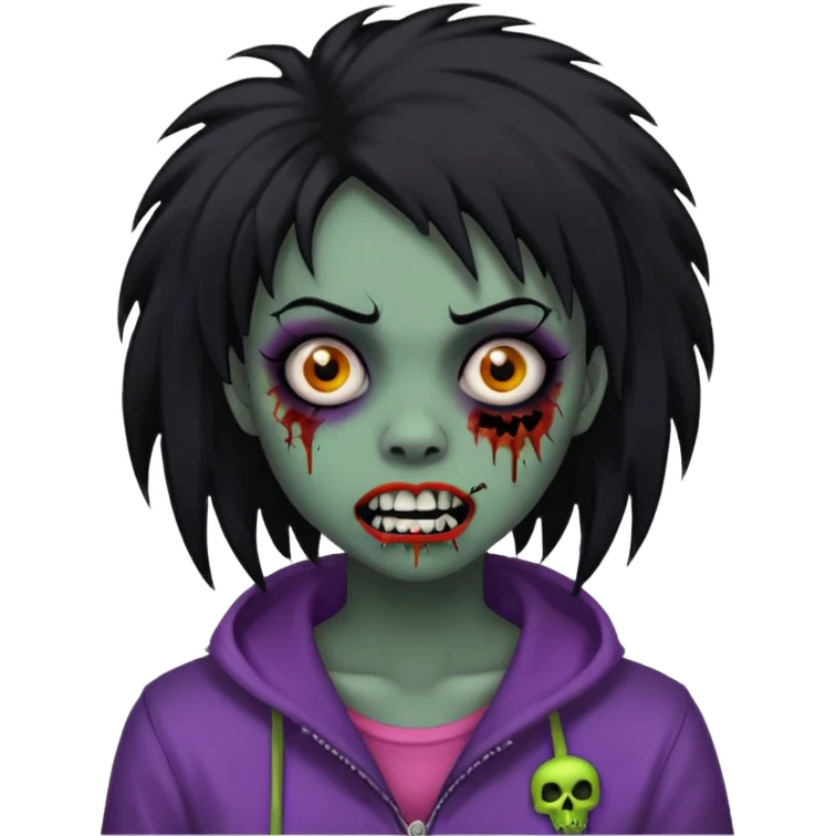 girl, zombie, black coily hair, medium long, emo, shaggy, dark, spooky, piercing on eyebrow, colourful teeth, creepy blank expression emoji