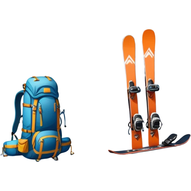 Icon for Mountain Tourism: a snowy peak landscape with skis, a snowboard, climbing equipment, a backpack and a camera. The icon should represent the adventure and excitement of mountain travel and outdoor exploration. Transparent background. emoji