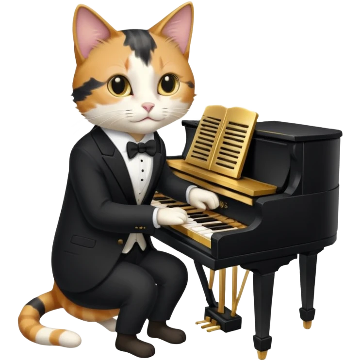 calico cat play gold piano, wear black suit, portrait emoji