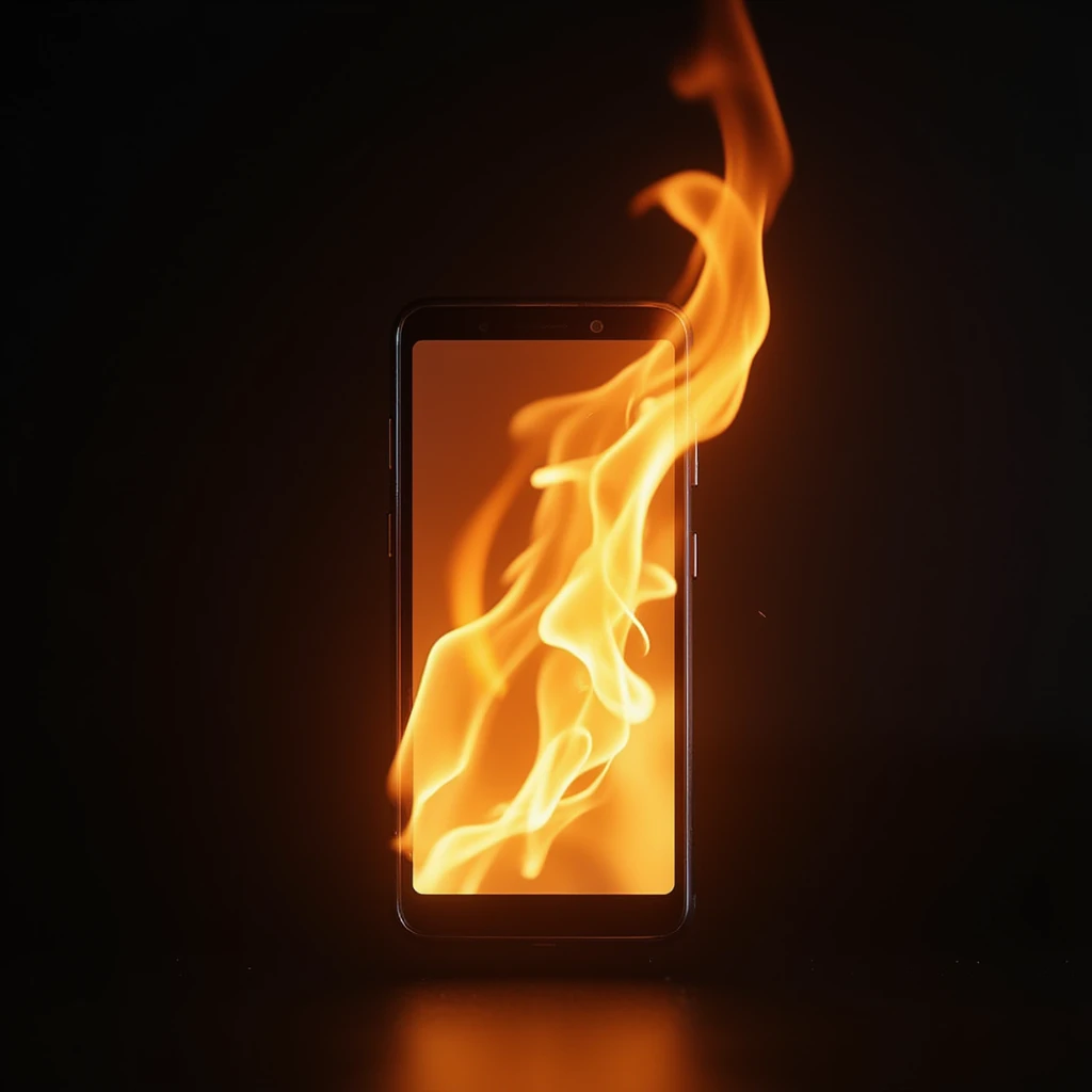 mobile phone on fire, realistic style, detailed flames, modern smartphone emoji