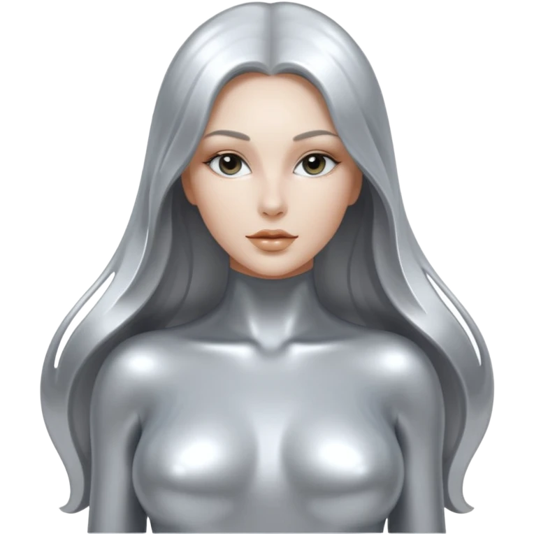abstract sensual body silhouette, liquid silver chrome, smooth curves,chrome silver long hair, chrome metallic silver full face  and body emoji