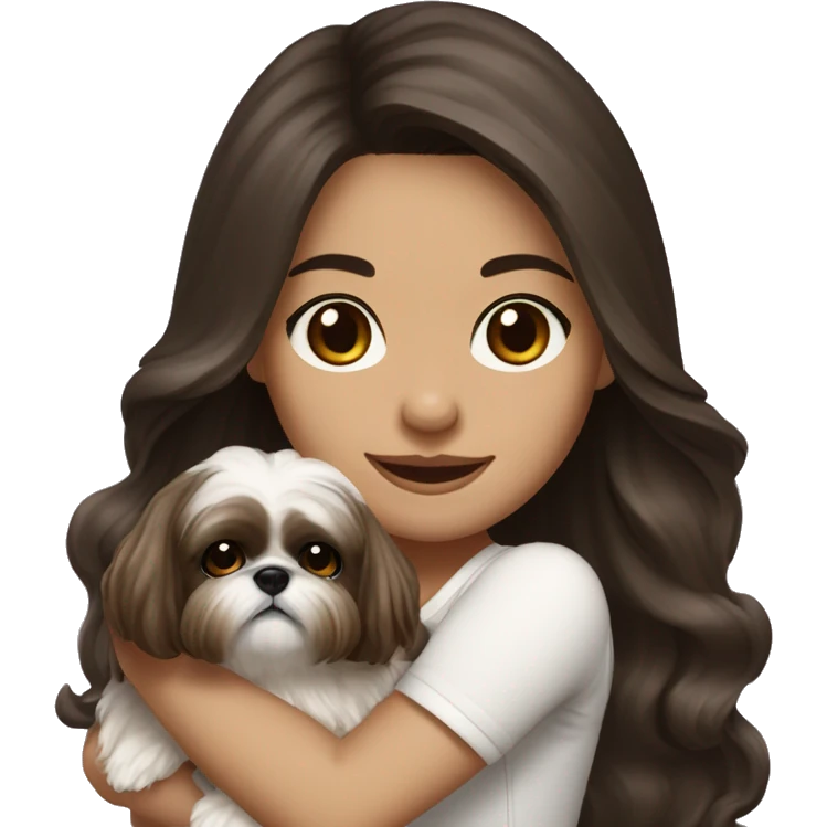 Young dark brunette medium kin hair woman with a cream shih tzu in her arms long wavy hair emoji
