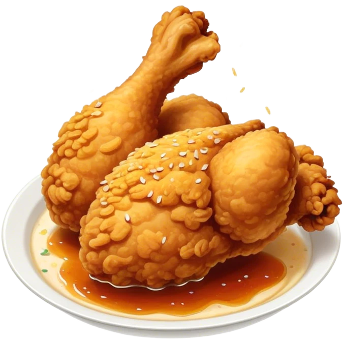 Cinematic crispy fried chicken, golden and crunchy, juicy inside, steaming as it is freshly served, sprinkled with seasoning, rich golden tones, inviting and delicious. emoji