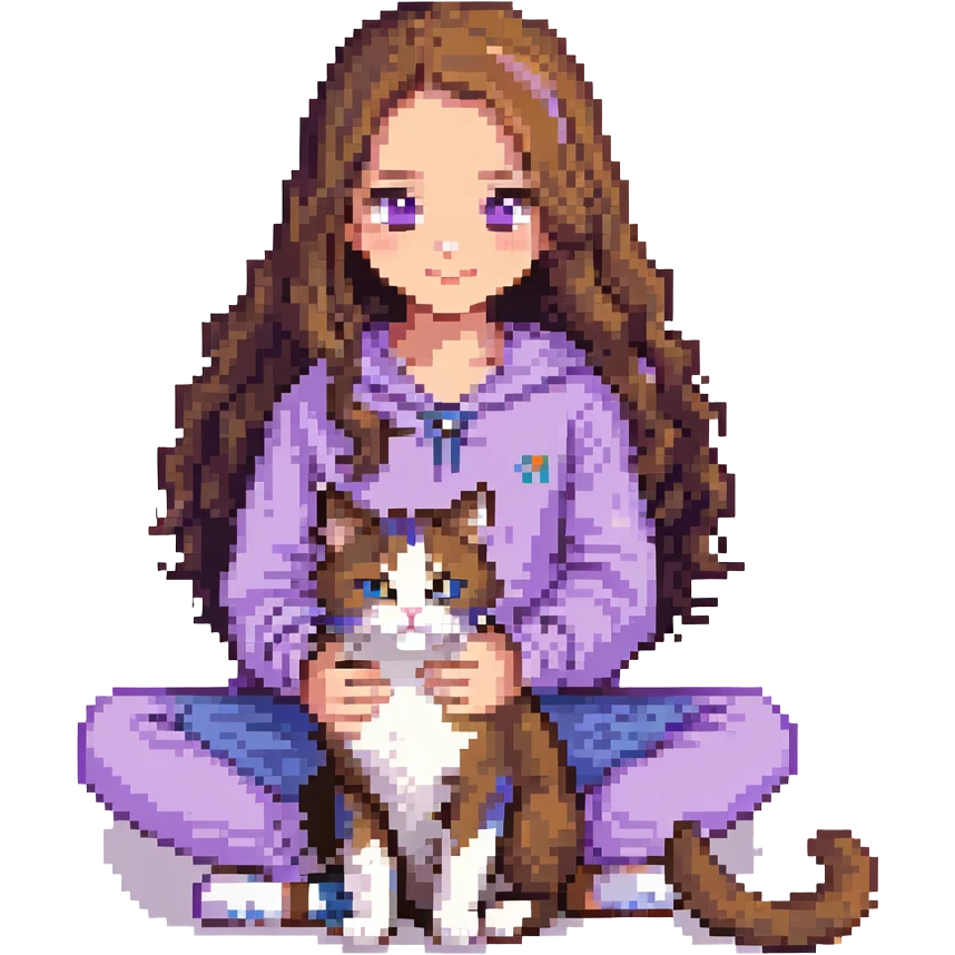 Add a simple, cheerful background to the scene with a girl with long, wavy brown hair, brown eyes, purple clothes, sitting with a three-color cat, in pixel art style. emoji