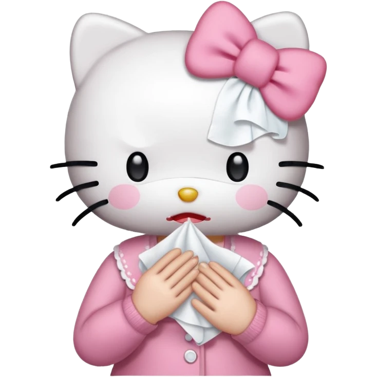 Hello Kitty from Sanrio, holding a tissue, crying, classic outfit, soft pastel background emoji