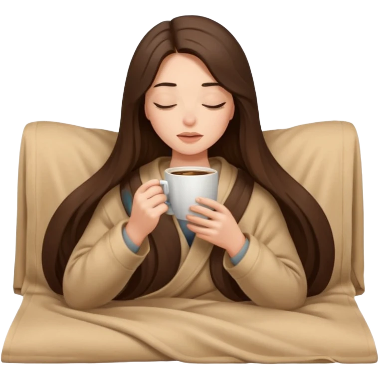 Brunette girl long hair inside a beige blanket sipping coffee eyes closed emoji