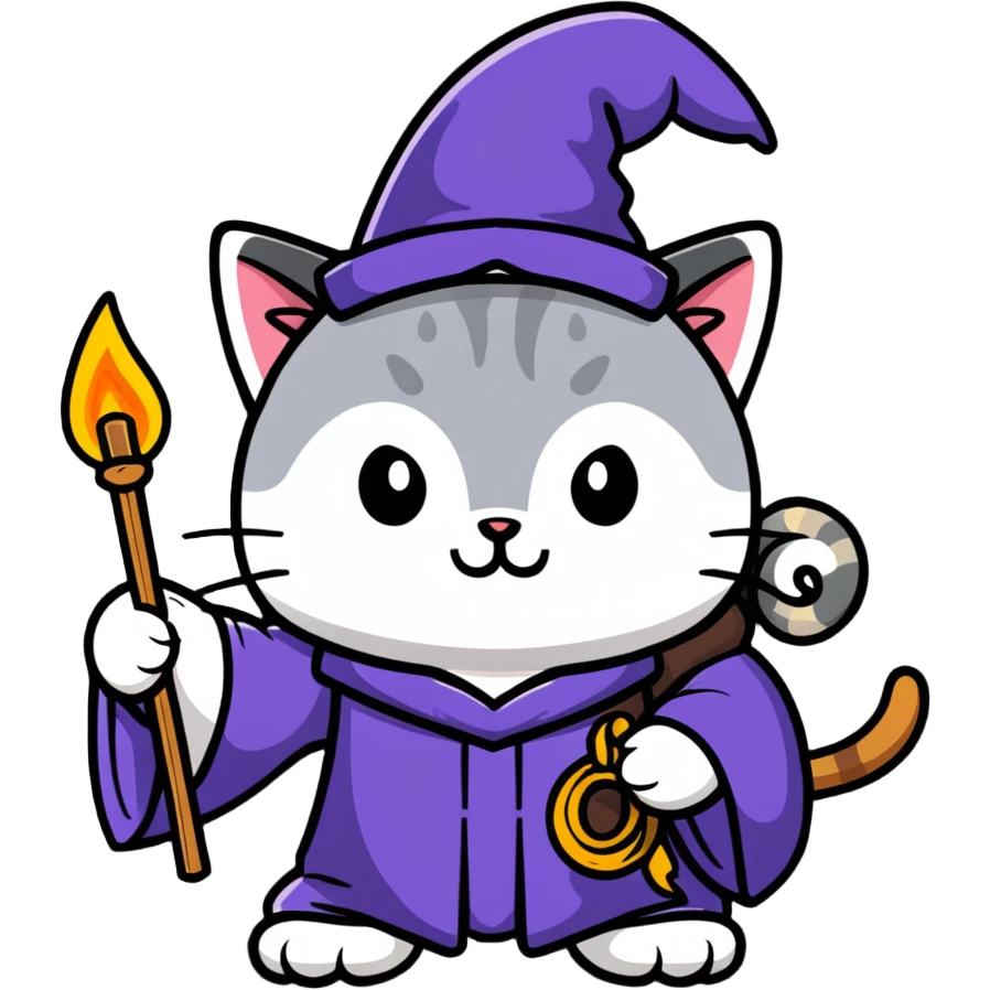 A cat wizard casting a spell with magical staff and flowing robes emoji