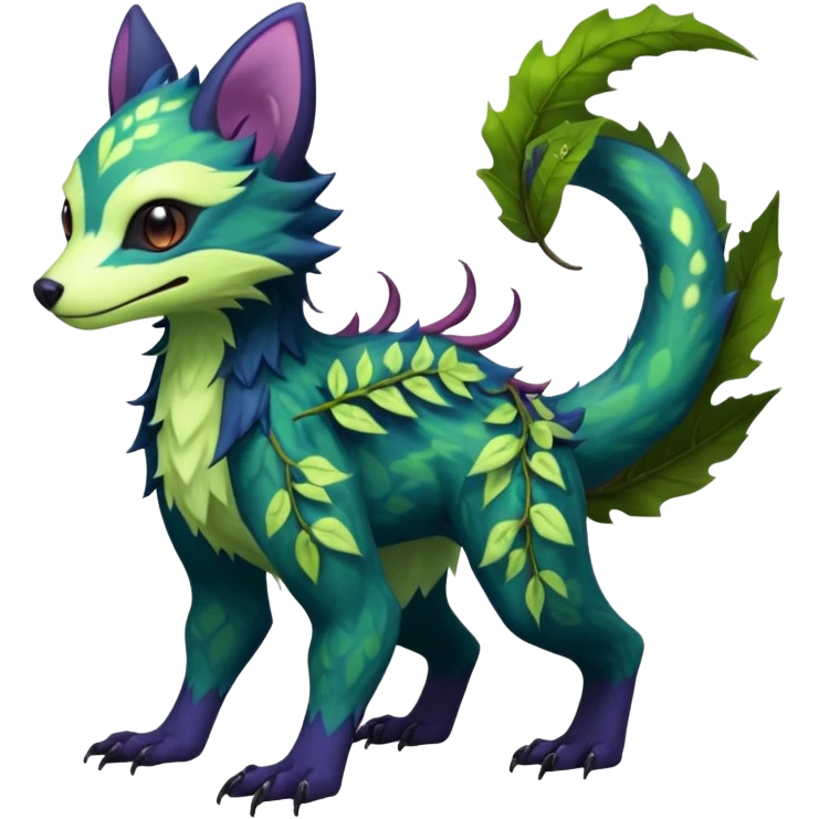 Realistic Sharp swampy mossy elemental ivy floral detailed Colorful translucent luminescent glowing Trico-Noibat-batty-Sergal-Furret-Ferret-Wolverine-Vernid-furry-fursona-fusion-Fakemon-animal-hybrid-creature, full body emoji