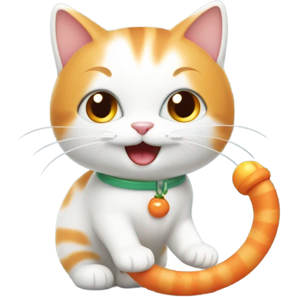 White and orange cat playing with a spring emoji
