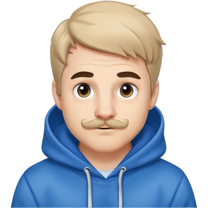 Mr. Beast wearing a blue hoodie, small ferret mustache, small light beard, playful expression emoji